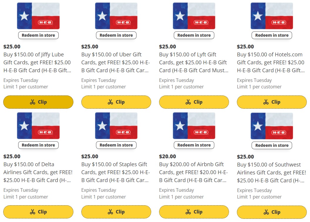 H-E-B: Gift Card Deals For Delta, Southwest, Airbnb, Uber, Lyft,  Hotels.com, Staples & Jiffy Lube - Gift Cards Galore