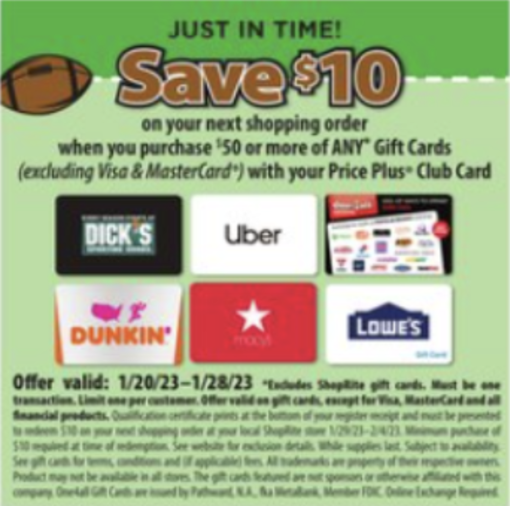 (EXPIRED) ShopRite Buy 50 Any 3rd Party Gift Cards & Get 10 Off Next