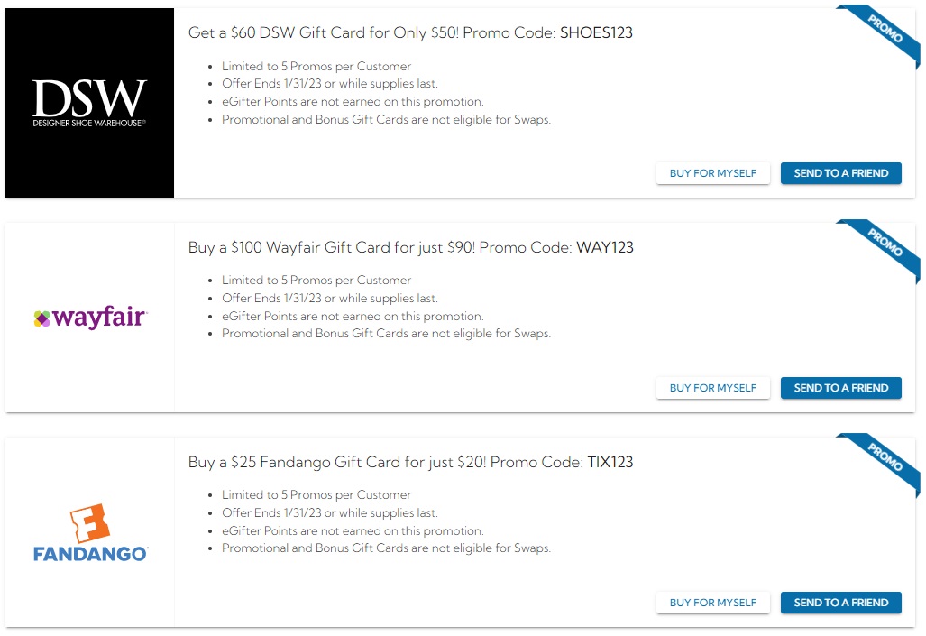 eGifter Gift Card Deals For Wayfair, DSW & Fandango Gift Cards Galore