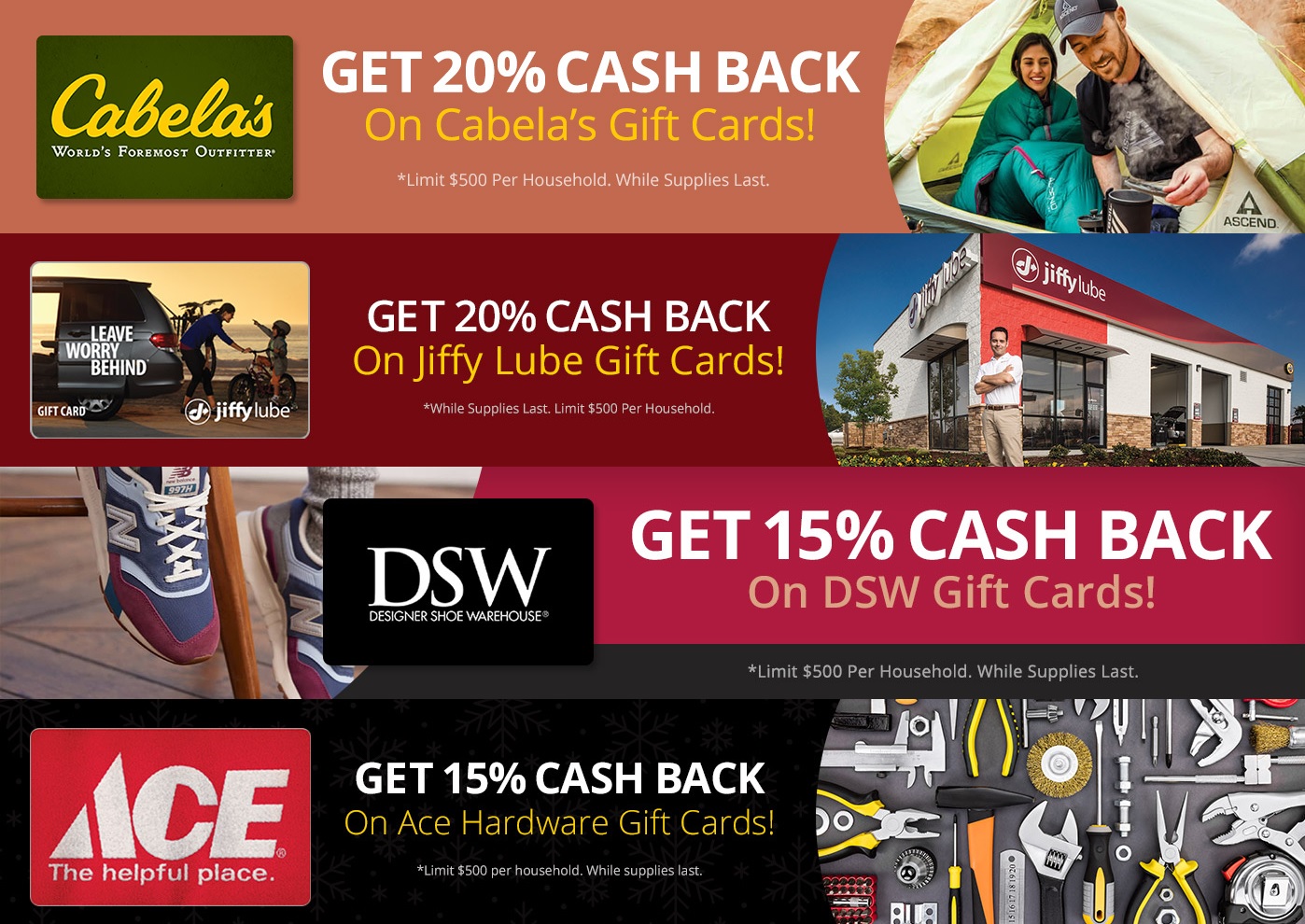(EXPIRED) MyGiftCardsPlus Earn 20 Cashback On Cabela’s & Jiffy Lube