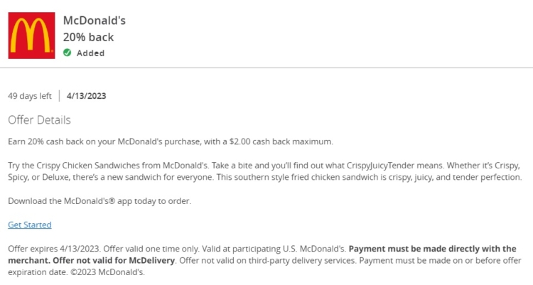 McDonald's Chase Offer 20% $10 spend 04.13.23