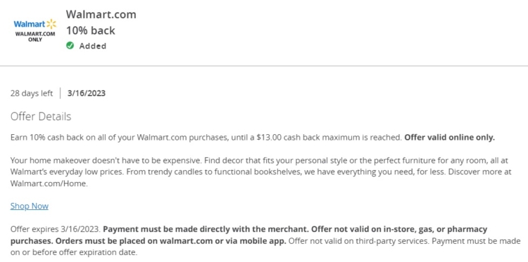 Walmartdotcom Chase Offer 10% back $130 spend 03.16.23