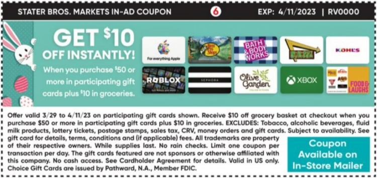 Stater Bros Gift Card Deal 03.28.23