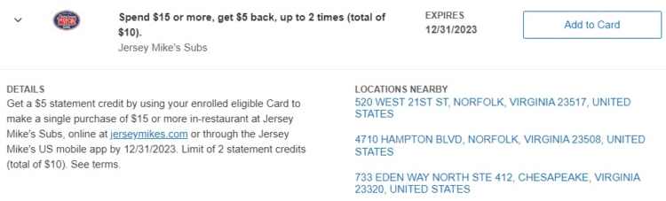 Jersey Mike's Amex Offer spend $15 get $5 12.31.23