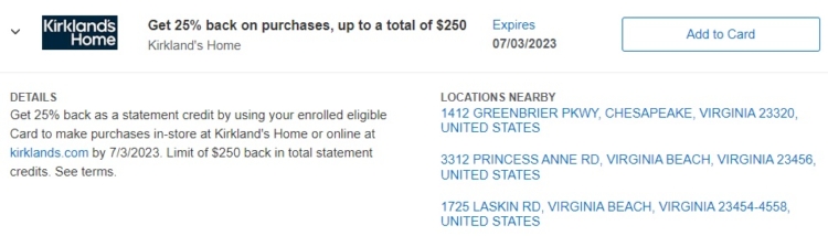 Kirkland's Amex Offer 25% back $1,000 spend 07.03.23