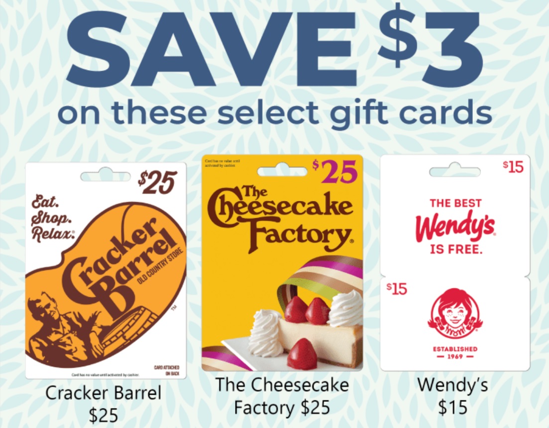 (Update) Marc's: Buy $15 Or $25 Select Gift Cards & Save $3 (Wendy's,  Cracker Barrel & The Cheesecake Factory) - Gift Cards Galore