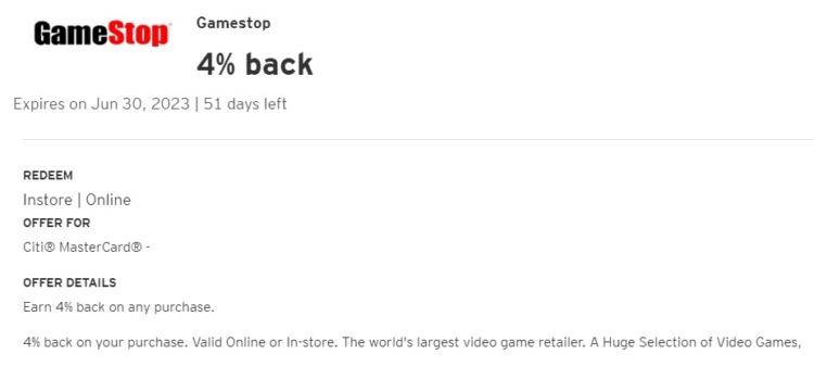 GameStop Citi Offer 4% $200 spend 06.30.23