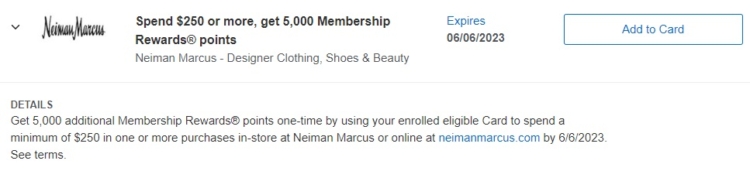 Neiman Marcus Amex Offer spend $250 get 5,000 Membership Rewards 06.06.23