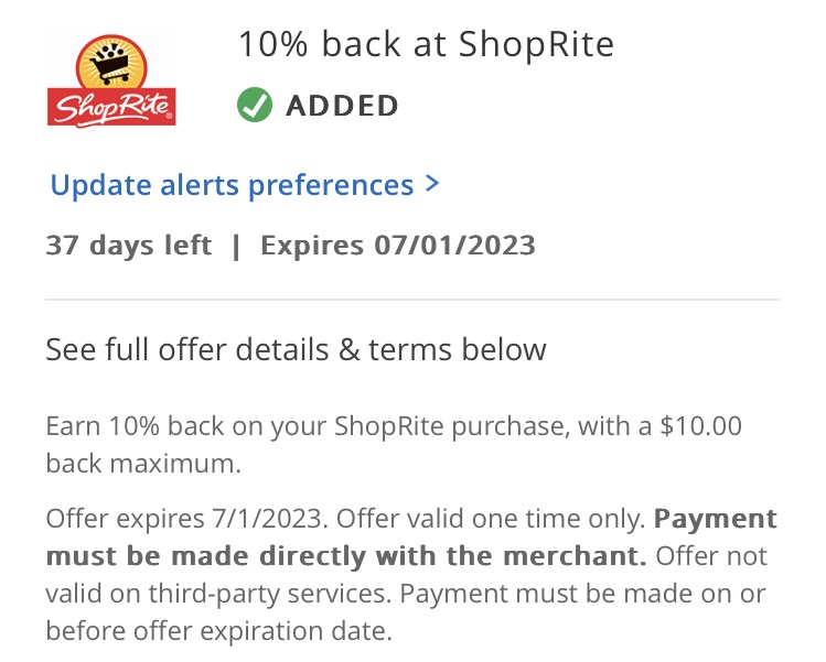 ShopRite Chase Offer 10% back $100 spend 07.01.23