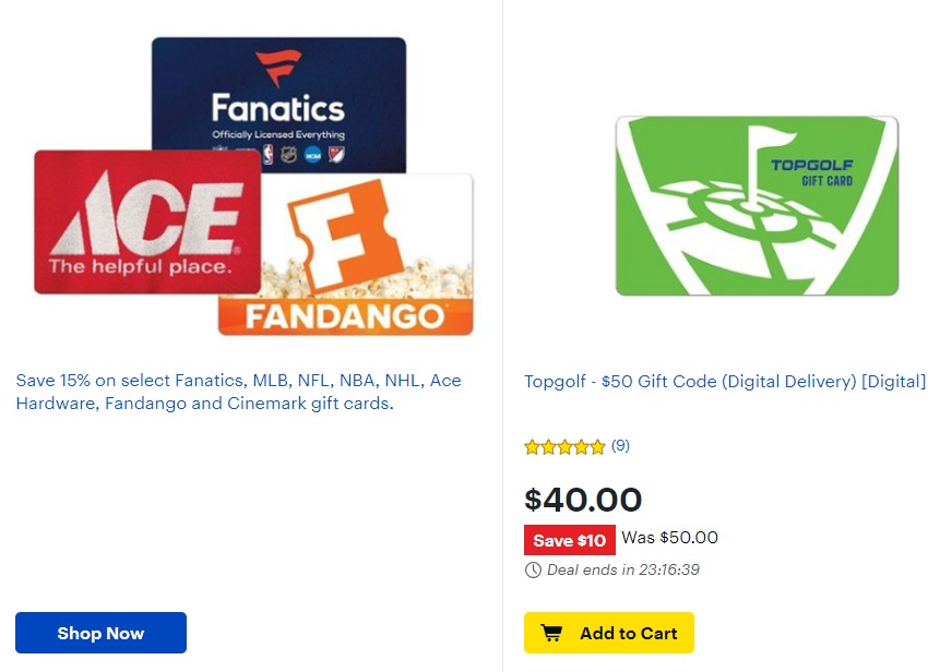 (EXPIRED) Best Buy Save 1520 On Select Gift Cards (Topgolf, Ace