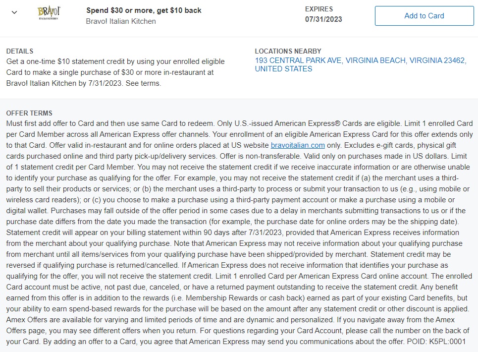 (EXPIRED) Bravo! Amex Offer Spend 30 & Get 10 Back (Buy Gift Card In