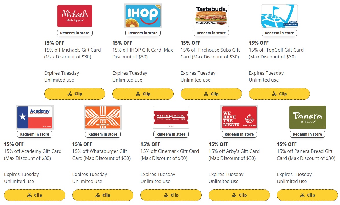 Warning) H-E-B: Save 15% On Select Gift Cards (Academy, Michaels, Arby's,  Firehouse Subs & More) - Gift Cards Galore