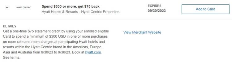 Hyatt Centric Amex Offer spend $300 get $75 09.30.23