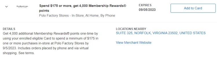 Polo Factory Stores Ralph Lauren Amex Offer spend $175 get 4,000 Membership Rewards 09.05.23