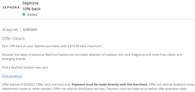 Sephora Chase Offer 10% back $190 spend 06.29.23