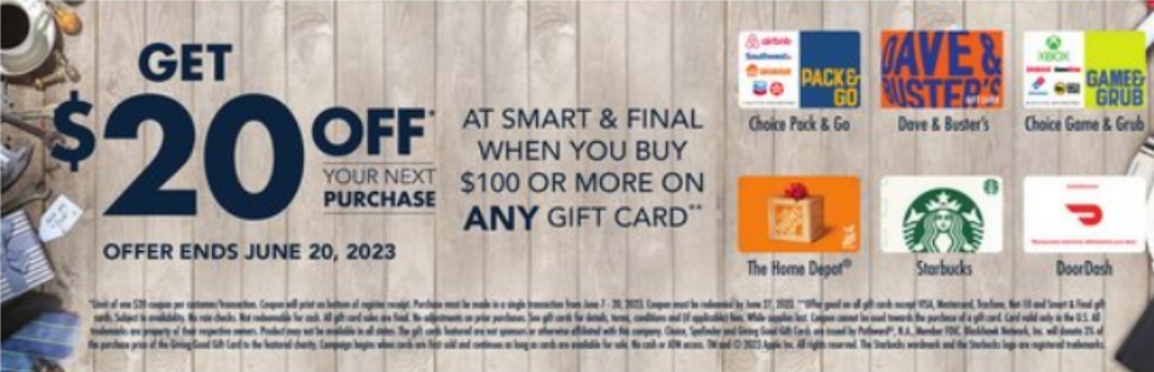 Smart Final Card (EXPIRED) Smart & Final: Buy $100 All 3rd Party Gift Cards & Get $20 ...
