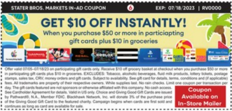 Stater Bros gift card deal 07.05.23