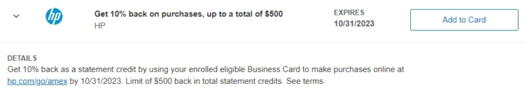 HP Amex Offer 10% back up to $5,000 spend 10.31.23
