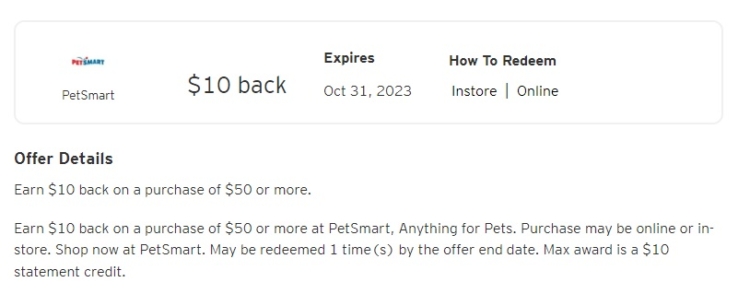 PetSmart Citi Offer spend $50 get $10