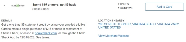 Shake Shack Amex Offer spend $15 & get $5 back 12.31.23