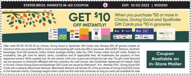 Stater Bros gift card deal 09.20.23.