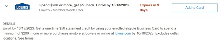 Lowe's Amex Offer spend $200 get $50