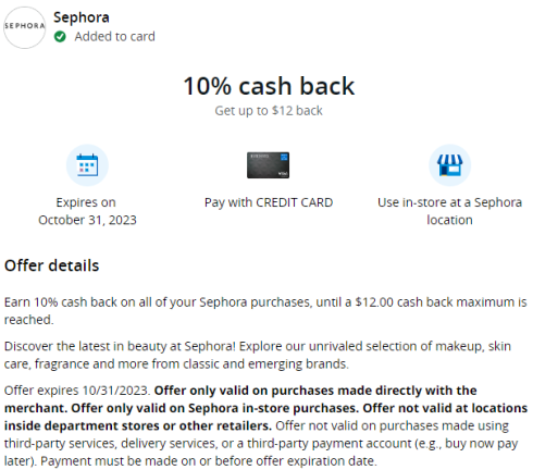 Sephora Chase Offer 10% $120 spend