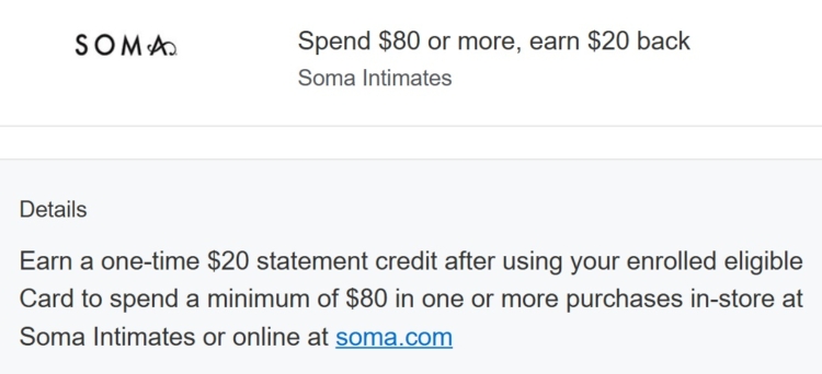 Soma Amex Offer spend $80 get $20