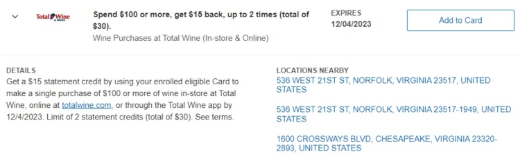 Total Wine Amex Offer spend $100 get $15 x2 12.04.23
