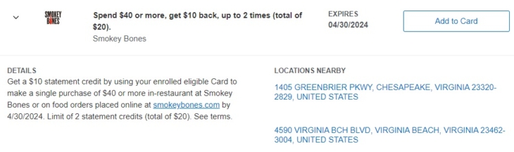Smokey Bones Amex Offer spend $40 get $10 04.30.24