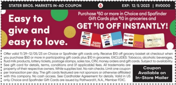 Stater Bros gift card deal 11.28.23