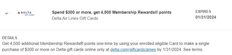 Delta gift cards Amex Offer spend $300 get 4,500 bonus Membership Rewards 01.31.24