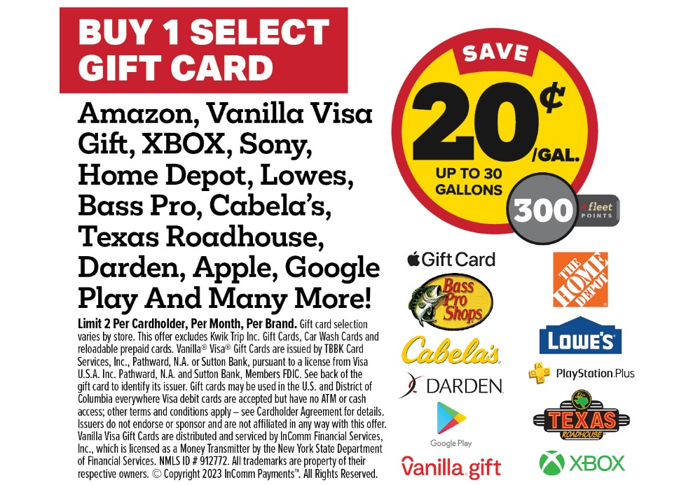 Kwik Trip: Buy Select Gift Cards & Get 20c Off Per Gallon (Vanilla