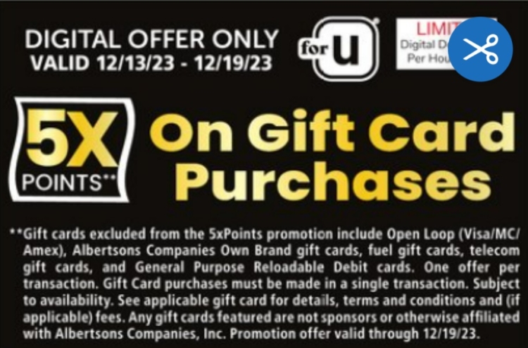 Safeway Albertsons 5x all third party gift cards
