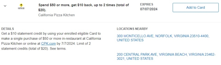 California Pizza Kitchen Amex Offer spend $50 get $10 back