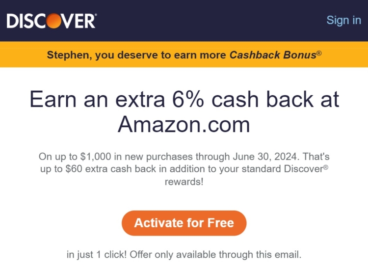Discover 6% bonus cashback Amazon
