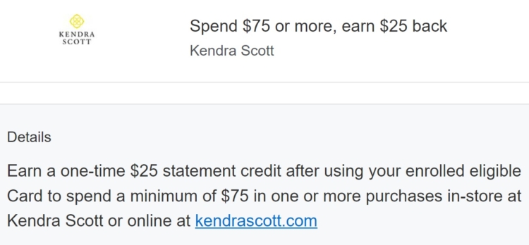 Kendra Scott Amex Offer spend $75 get $25