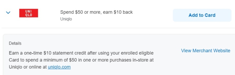 Uniqlo Amex Offer spend $50 get $10