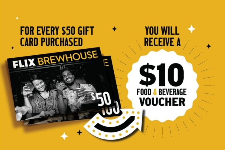 Flix Brewhouse gift card deal spend $50 get $10 food & beverage voucher
