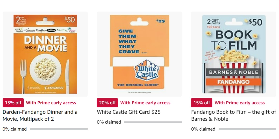 Amazon Gift Card Deals For Darden/Fandango, White Castle & Barnes