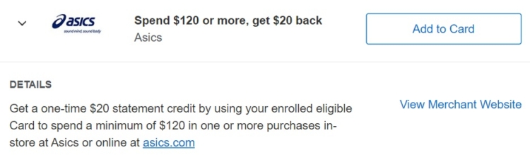 ASICS Amex Offer spend $120 get $20