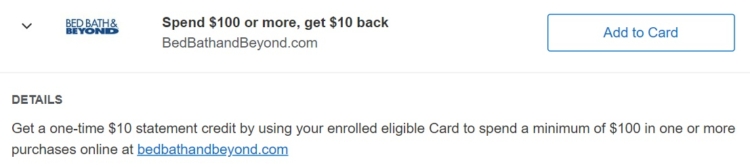Bed Bath & Beyond Amex Offer spend $100 & get $10 back