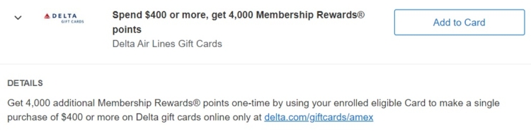 Delta gift cards Amex Offer spend $400 get 4,000 Membership Rewards