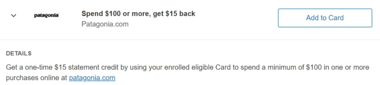 Patagonua Amex Offer spend $100 get $15