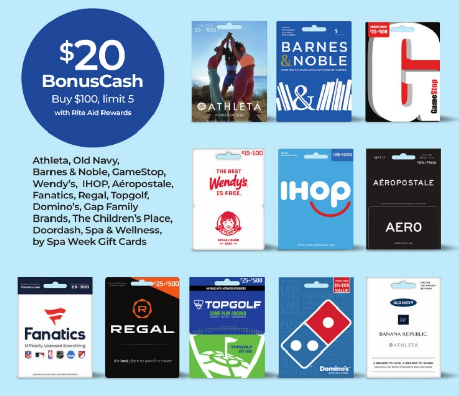 Rite Aid Earn 20 BonusCash On Select Gift Cards (DoorDash, GameStop