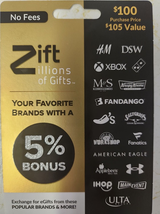 Zillions gift card 5% bonus