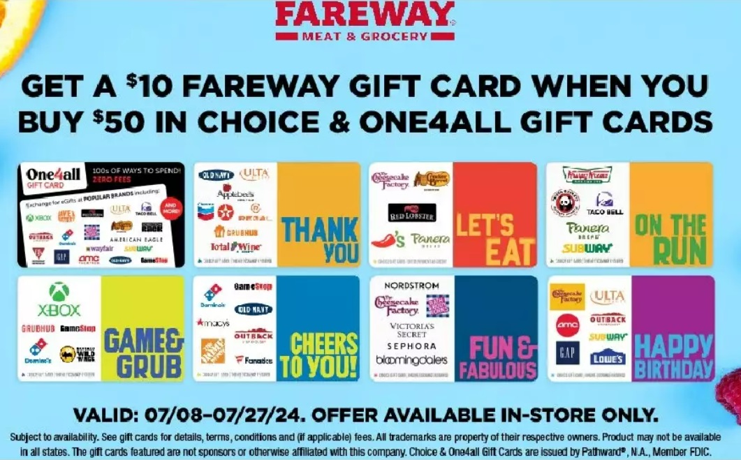 Fareway Buy 50 Choice Or One4All Gift Cards & Get 10 Fareway Gift