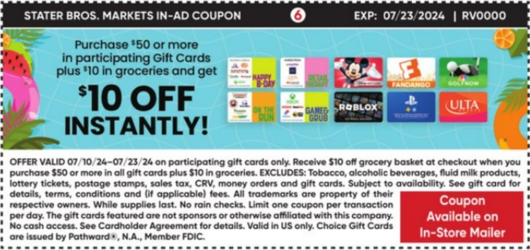 Stater Bros gift card deal 07.09.24