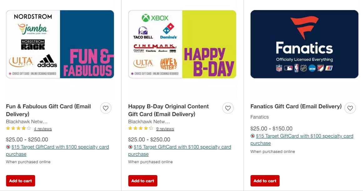 Target Buy 100 Select Choice & Fanatics Gift Cards & Get 15 Target Gift Cards Free Gift