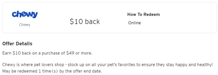 Chewy Citi Offer spend $49 get $10